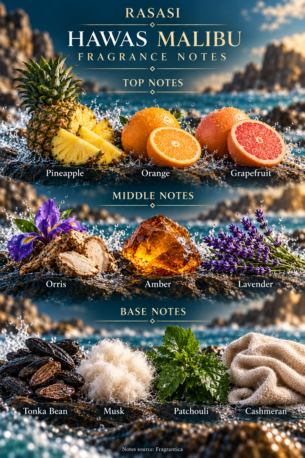 Rasasi Hawas Malibu — fragrance notes illustrated