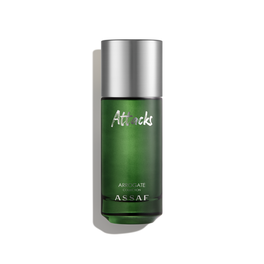 Assaf Attacks original perfume bottle, clean product photo
