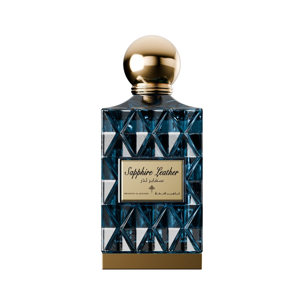 Ibraheem Al Qurashi Sapphire Leather exact fragrance bottle clear product photograph